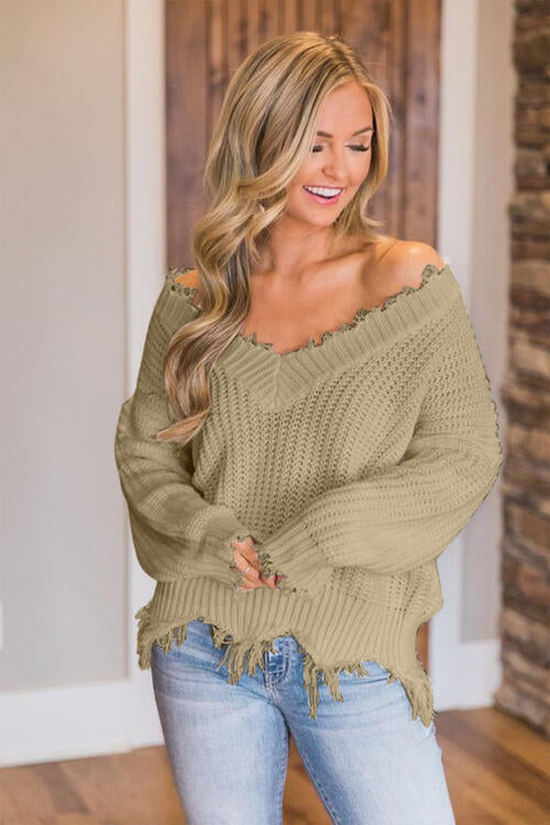 Distressed Raw Hem Off Shoulder Wide Neck Long Sleeve Waffle Knit Sweater Shirt