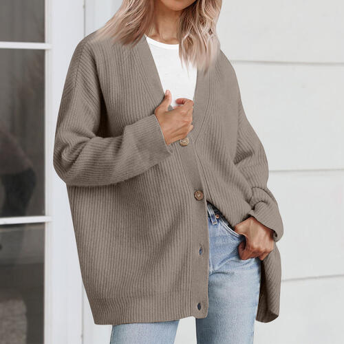 Ribbed Knit Oversized Button Front Classic Long Sleeve Button Front Cardigan