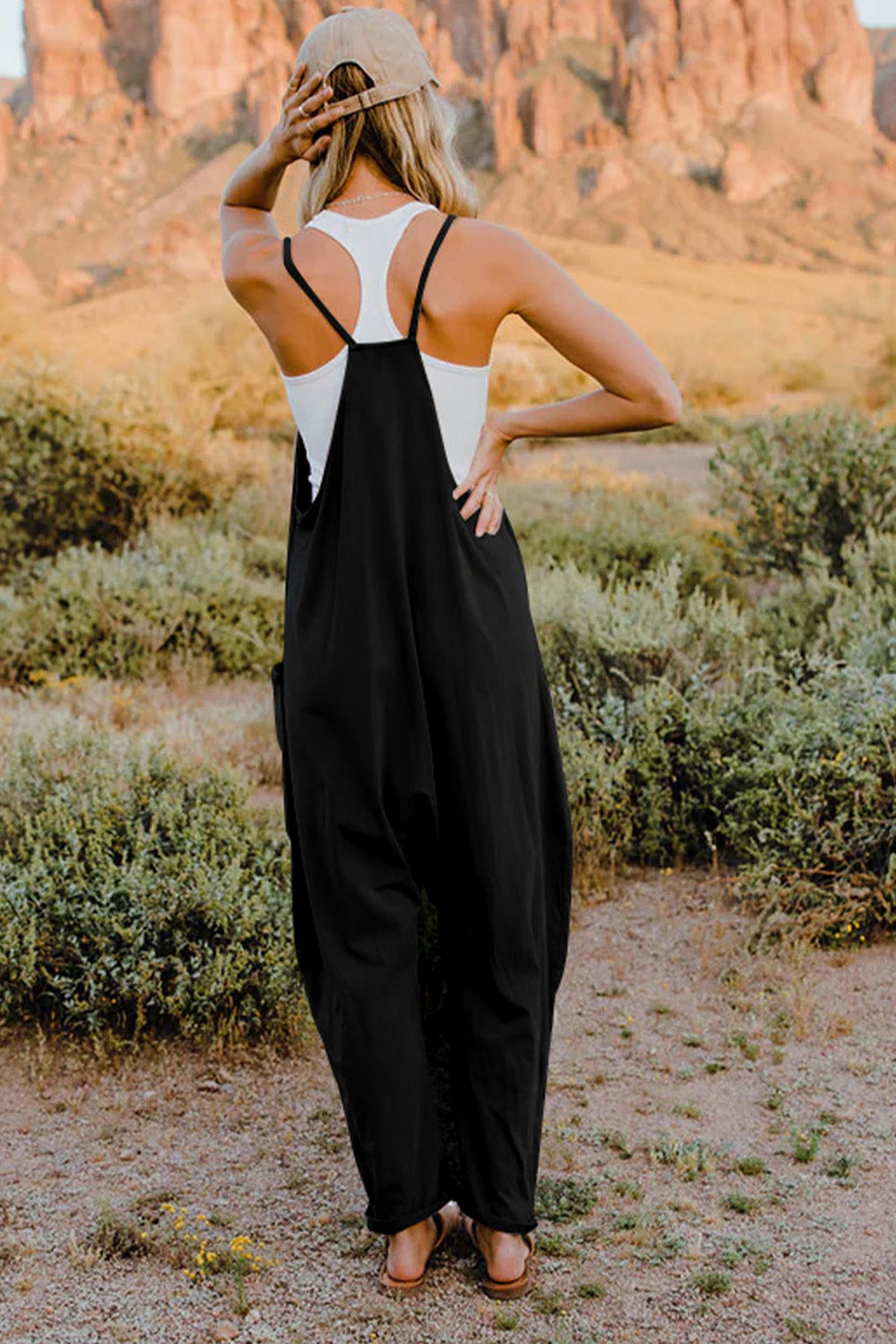 Oversized Hippie V-Neck Sleeveless Pant Pocket Jumpsuit