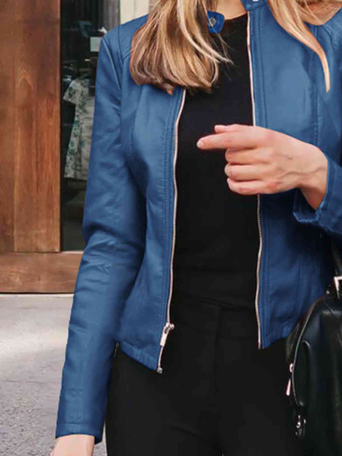 Chic Moto Vegan Leather Jacket Zip-up Sleek Snap Mock Neck
