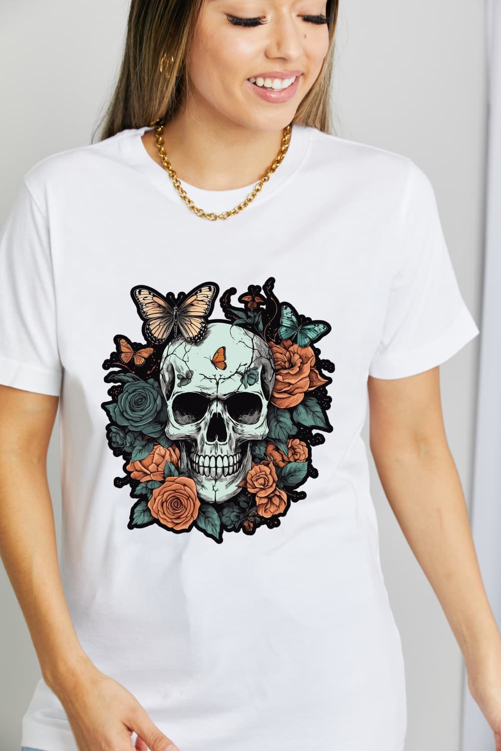 Rose Skull Butterfly Tattoo Graphic 100% Cotton T-Shirt (Plus Size Available)