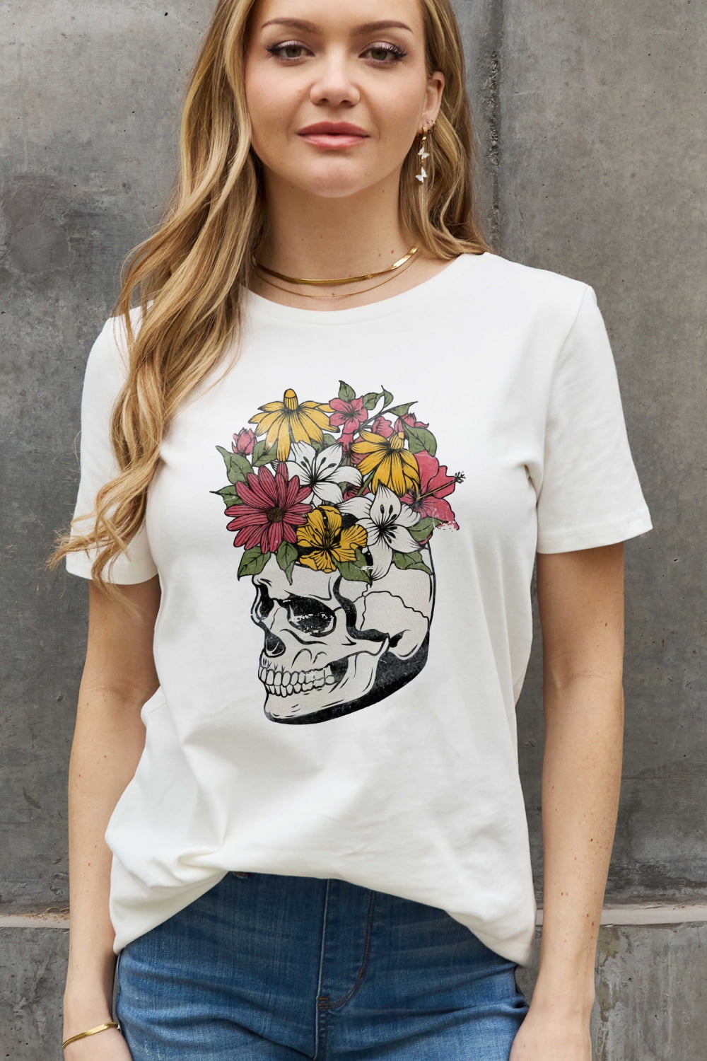 Bright Floral Skull Head Graphic Short-sleeve Tee Shirt 100% Premium Cotton