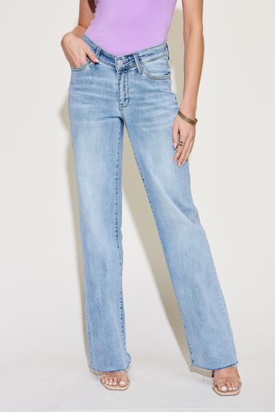 Judy Blue Mid-Rise V-Waist Front Denim Straight Leg Raw Hem Mom Jean Pants