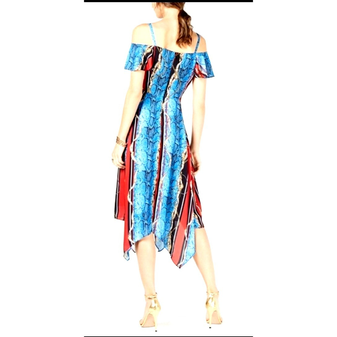 INC Dress Chain Snake Print Cold Shoulder Handkerchief V-neck Colorful