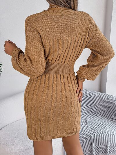 Keyhole Cable Waffle Knit Blend Cut-out Round Neck Long Sleeve Mini Sweater Dress