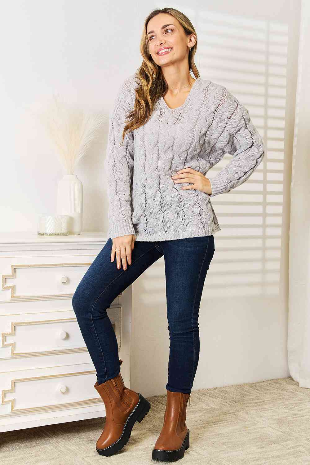 Cable-Knit Woven Hoodie Long Sleeve Classic Pullover Lightweight Sweater