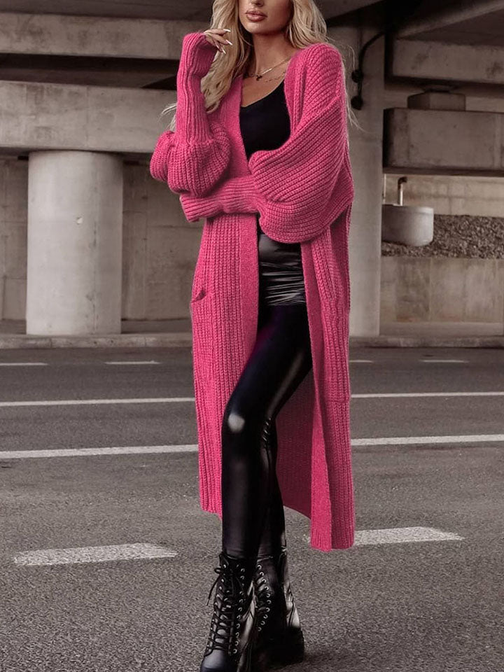 Longline Heavy Waffle Knit Lantern Sleeve Classic Patch Pocket Duster Cardigan