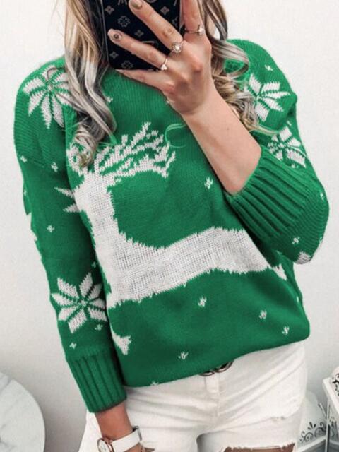 Reindeer Winter Snow Chic Knit Round Neck Classy Holiday Sweater
