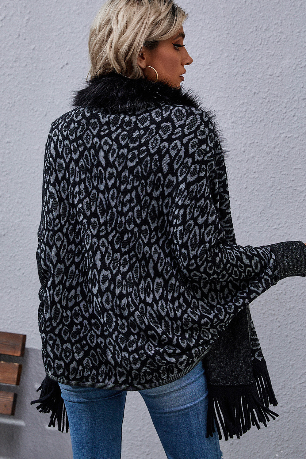 Faux Fur Knit Leopard Print Fringe Bottom Long Sleeve Cardigan Poncho