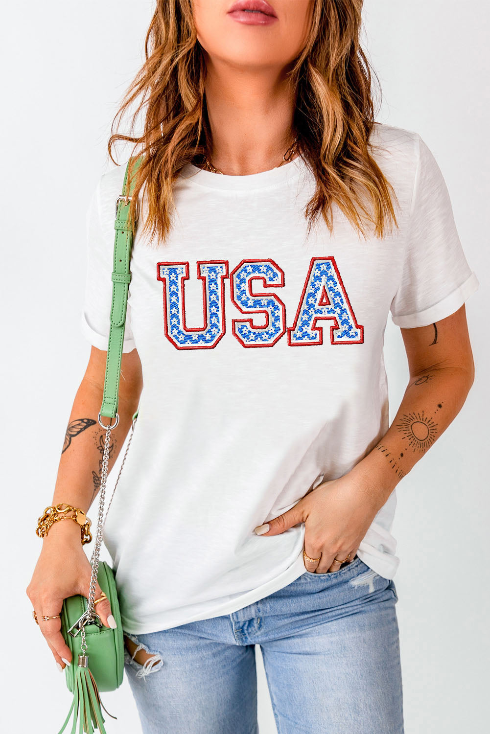 Embroidered USA Patriotic Top Cuffed Short Sleeve T-Shirt