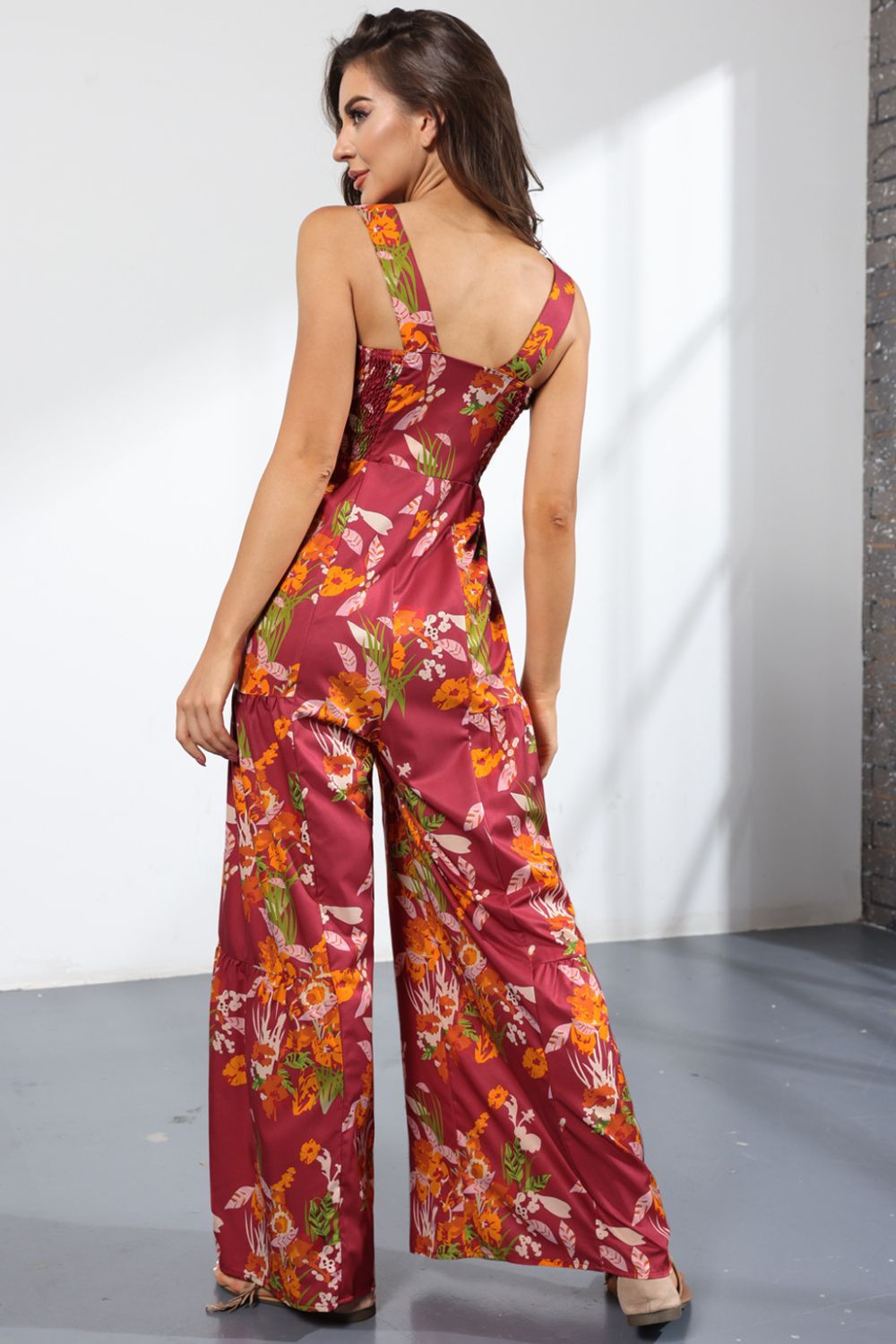 Floral Smock Side Jumpsuit Tiered Oversized Wide Leg One-piece Pant Outfit