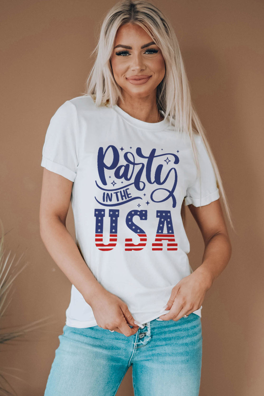 Woman's PARTY IN THE USA American Flag Graphic Cuffed Short Sleeve Tee Shirt (Plus Size Available)