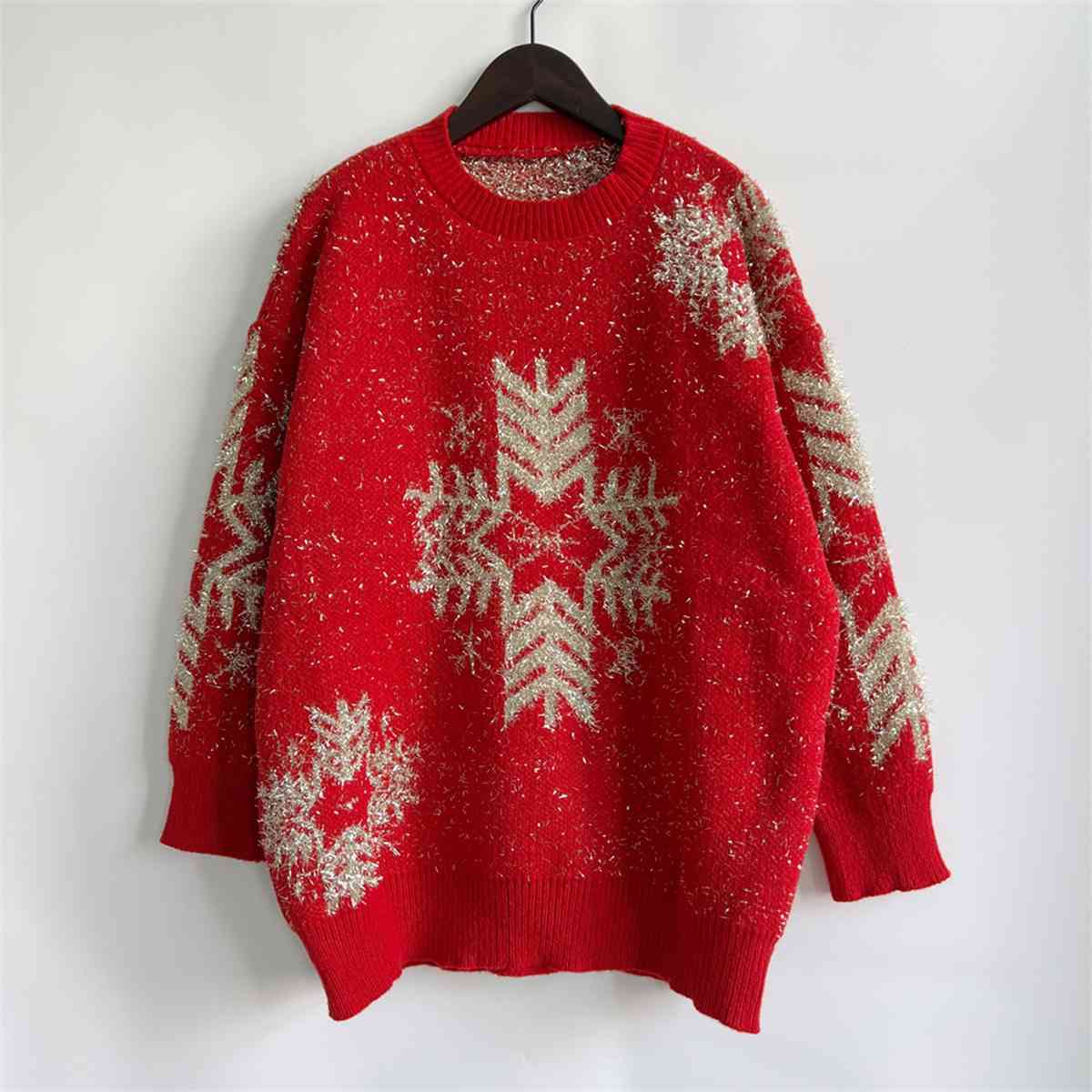 Fuzzy Contrasting Snowflake Knit Round Neck Classy Minimalist Winter Sweater