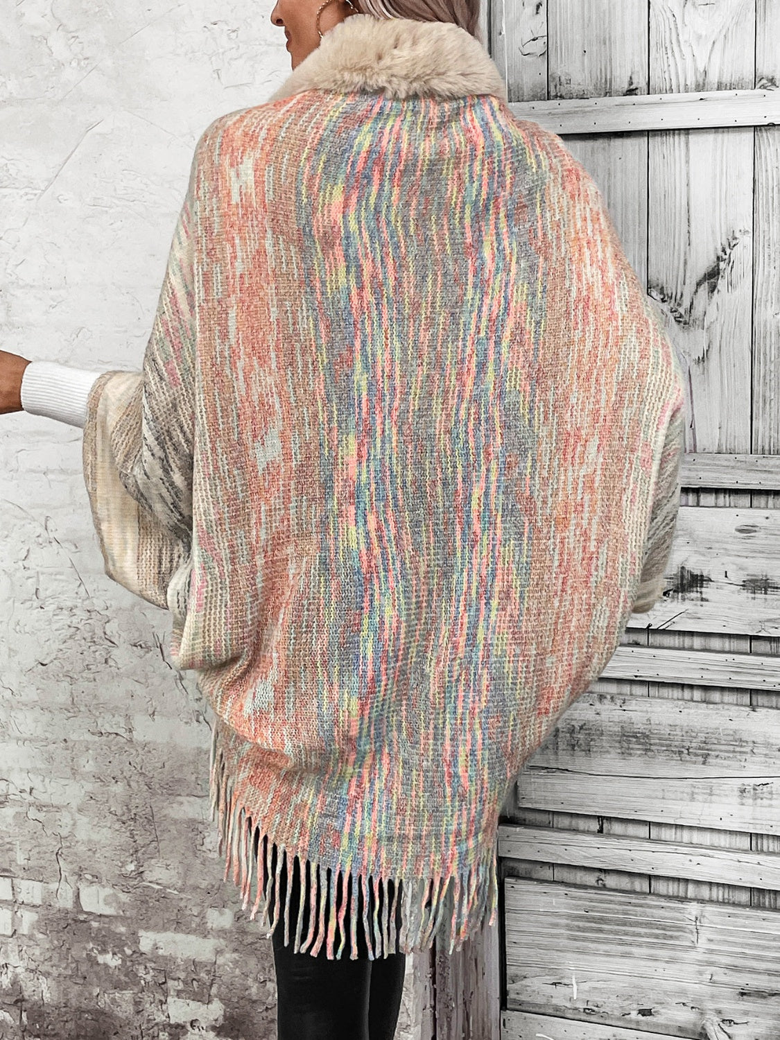 Colorful Knit Faux Fur Retro Fringe Hem Open Front Oversized Bolero Cardigan