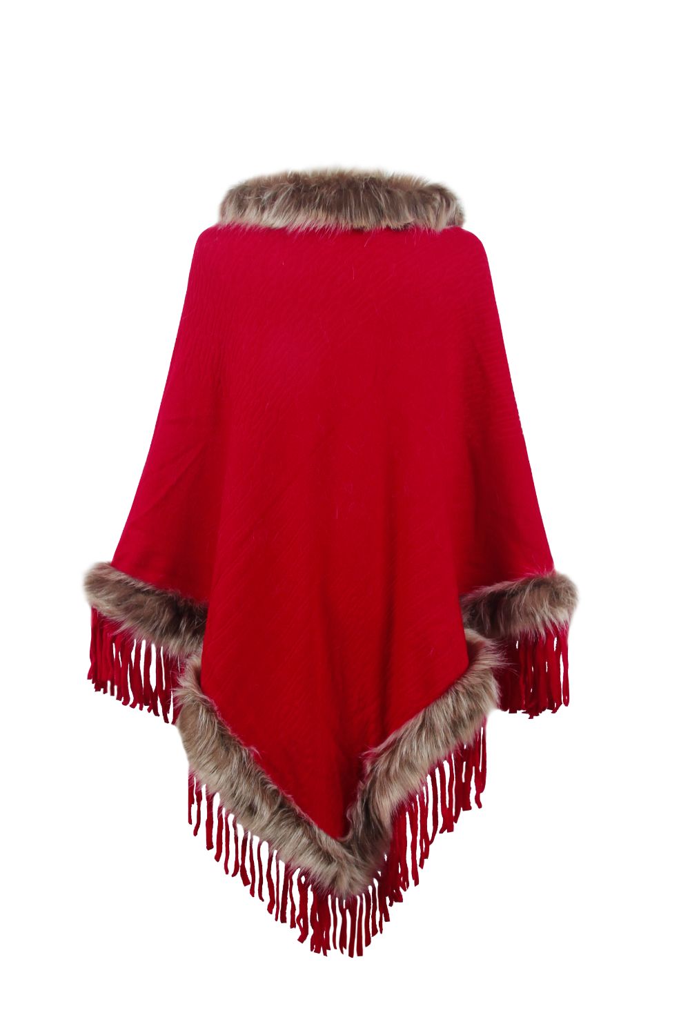 Faux Fur Retro Fringe Hem Textured Knit Pullover Poncho