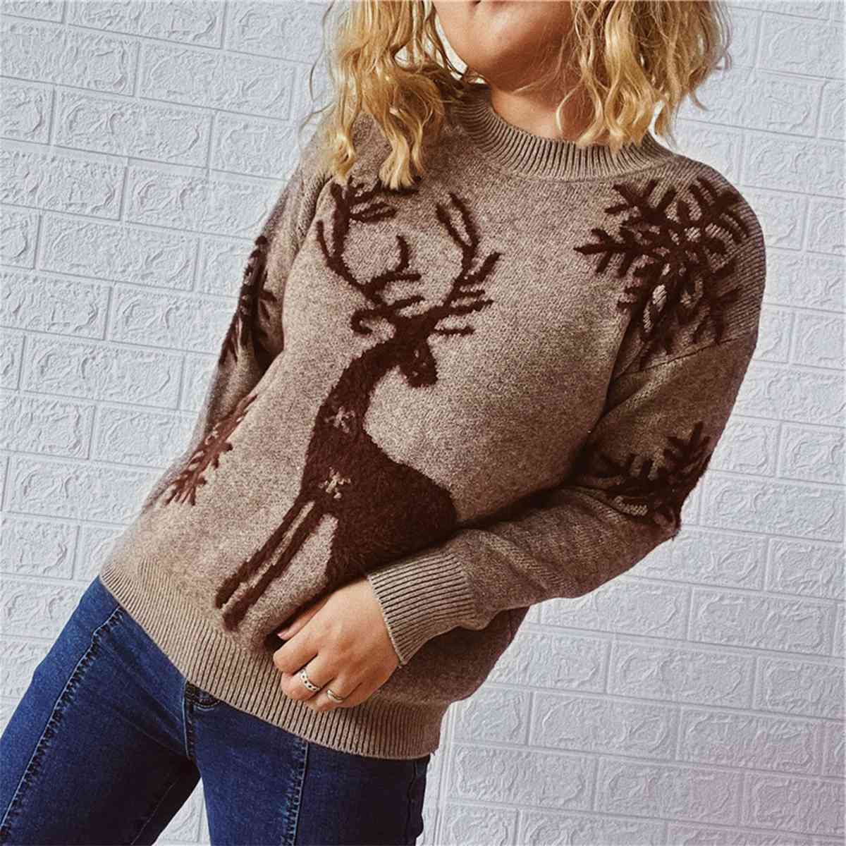Fuzzy Reindeer Snowflake Knit Round Neck Winter Soft Print Sweater