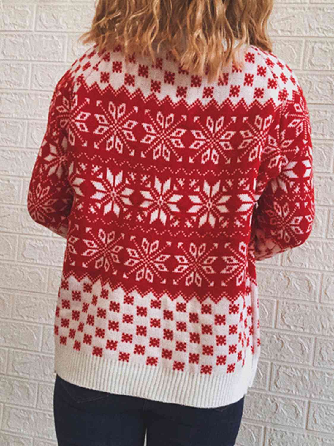 Fair Isle Color Contrast Winter Snowflake Long Sleeve Minimalist Sweater