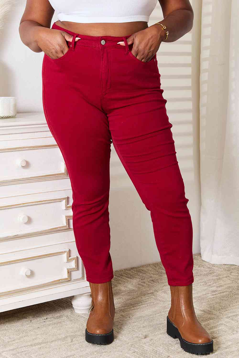 Tummy Control High-Rise Waist Red Demim Judy Blue Skinny Jean Pants