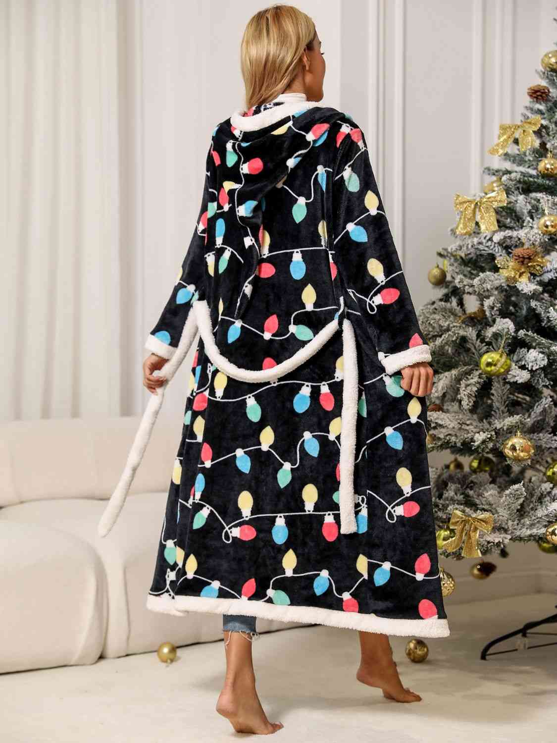 Holiday Christmas Lights Long Full Length Tie Waist Hooded Robe