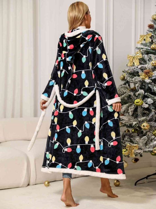 Holiday Christmas Lights Long Full Length Tie Waist Hooded Robe