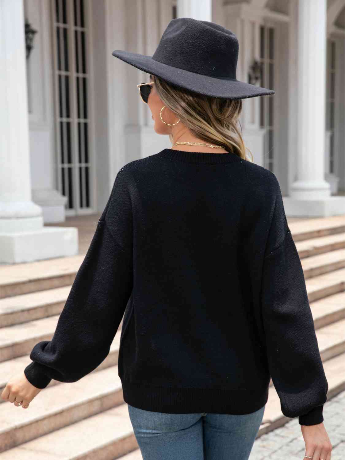 Knit Heart Contrasting Classic Round Neck Pullover Top Long Sleeve Sweater Shirt