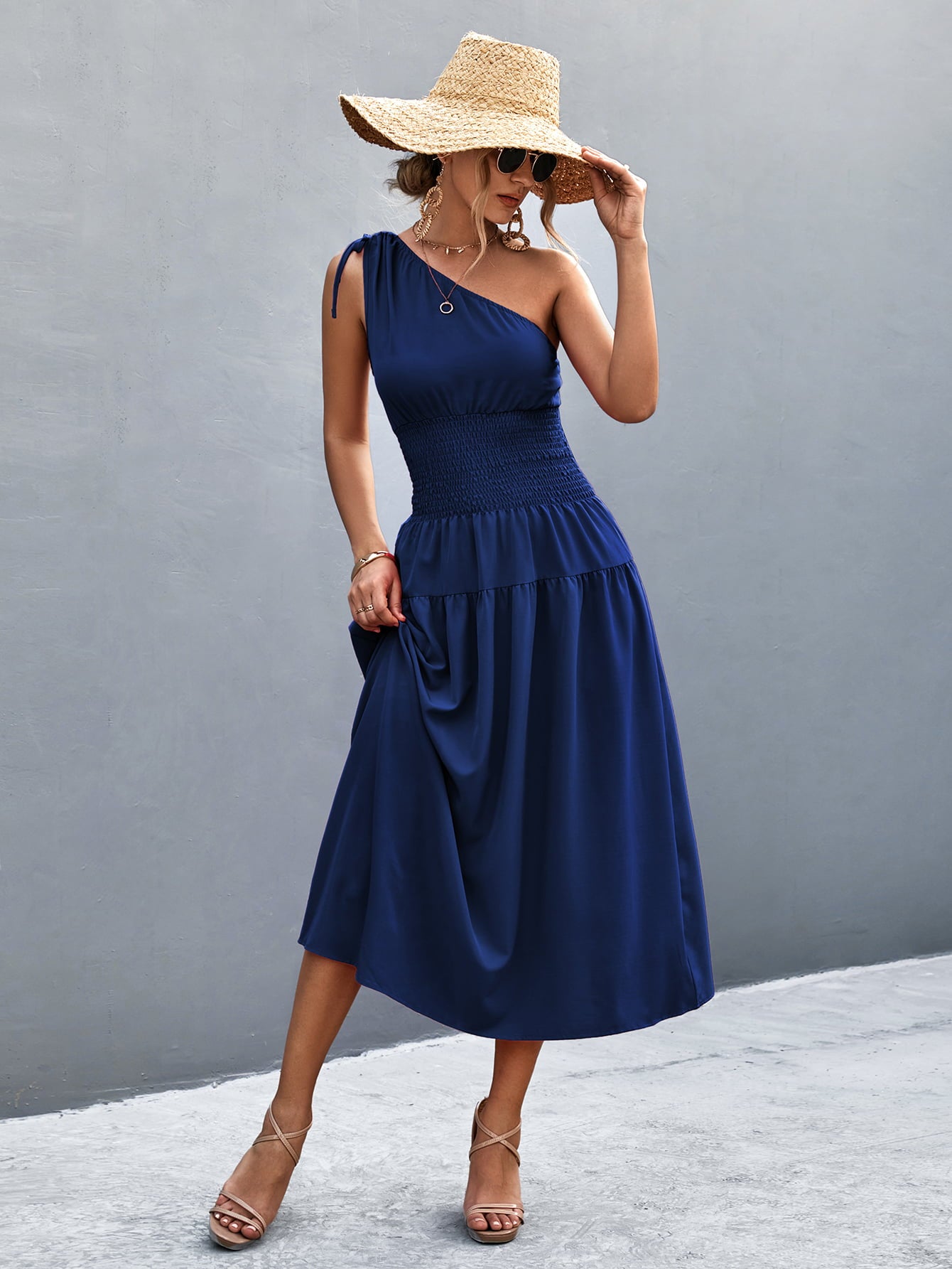 Cinch Tie Asymmetrical One Shoulder Smocked Waist Midi Dress