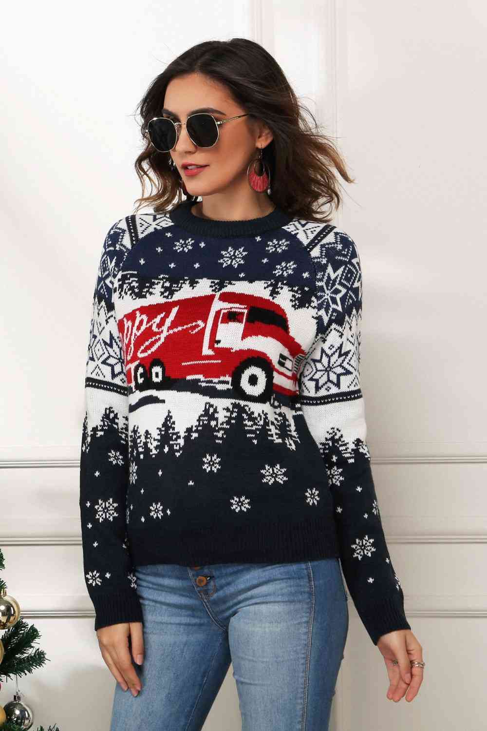 HAPPY Semi Truck Knit Fair Isle Geometric Snowflake Classic Pullover Winter Sweater