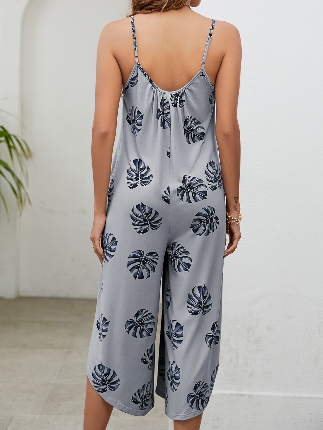 Botanical Palm Sleeveless Bohemian Capri Wide Leg Oversized Pant Pocket Jumpsuit