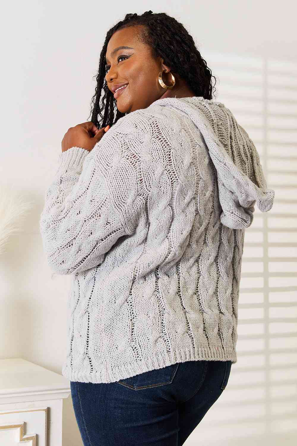 Cable-Knit Woven Hoodie Long Sleeve Classic Pullover Lightweight Sweater