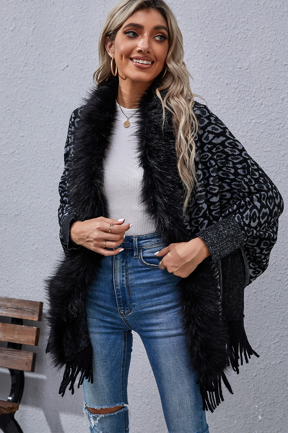 Faux Fur Knit Leopard Print Fringe Bottom Long Sleeve Cardigan Poncho