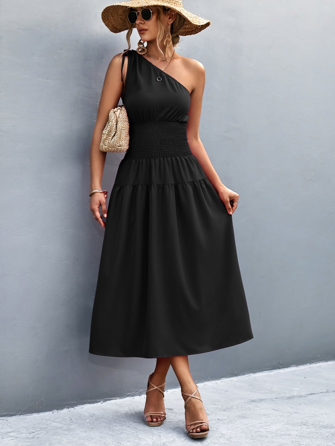 Cinch Tie Asymmetrical One Shoulder Smocked Waist Midi Dress