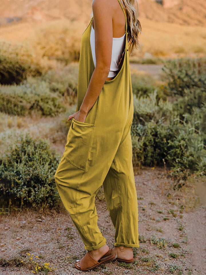 Oversized Hippie V-Neck Sleeveless Wide Leg Pant Pocket Jumpsuit Bohemian Outfit