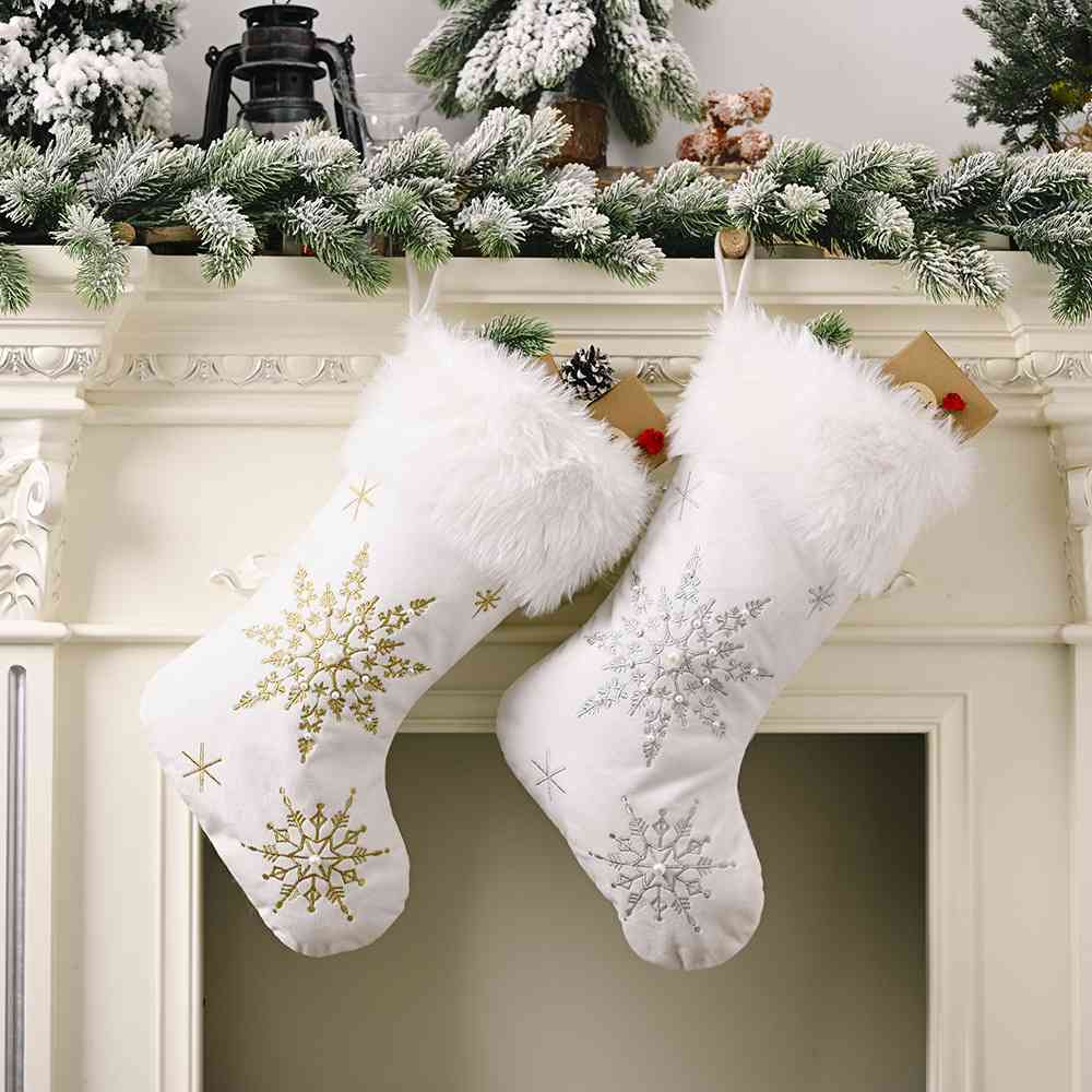 Faux Fur Embroidered Snowflake Beaded Holiday Christmas Stocking Festive Decor