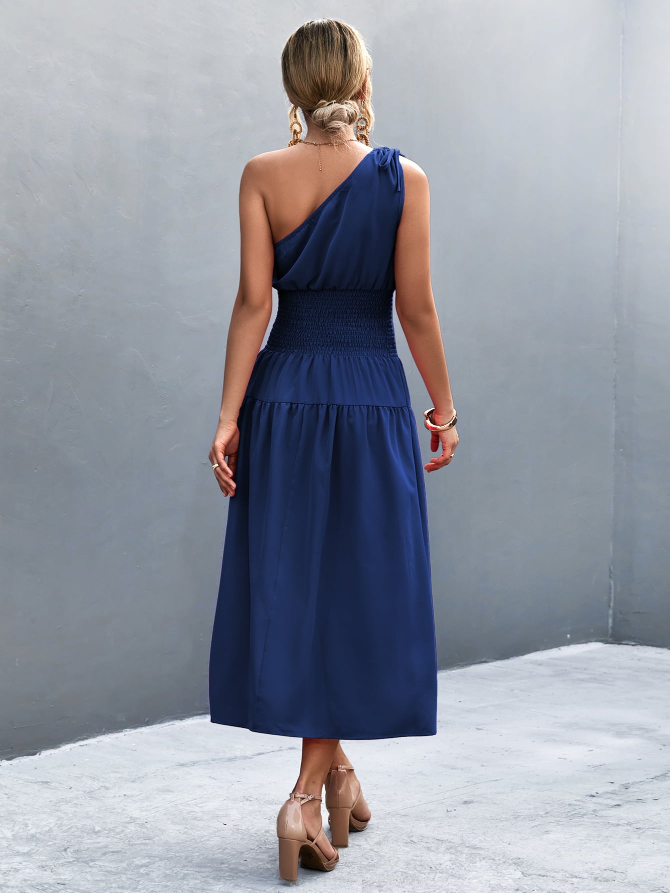 Cinch Tie Asymmetrical One Shoulder Smocked Waist Midi Dress