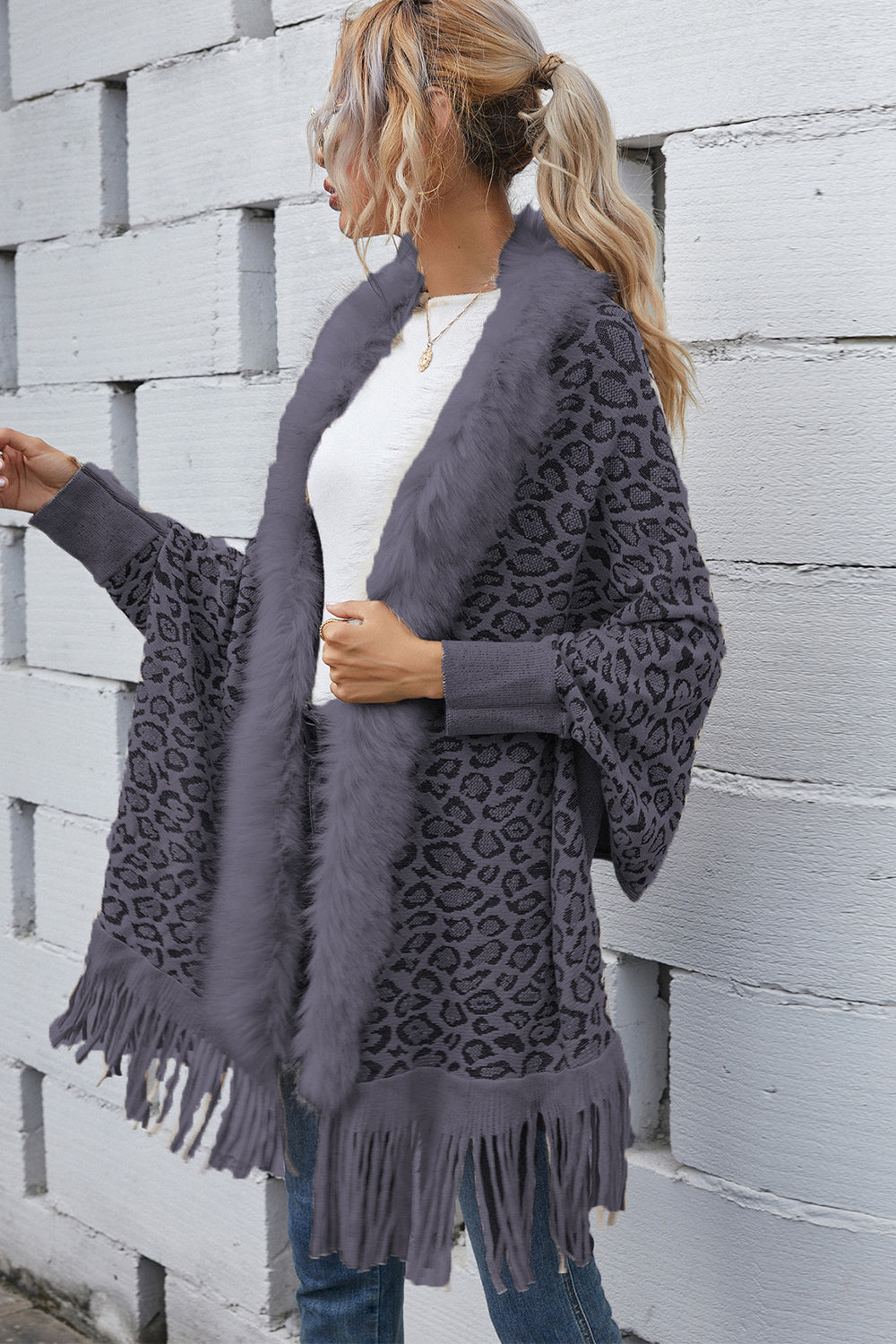 Faux Fur Knit Leopard Print Fringe Bottom Long Sleeve Cardigan Poncho
