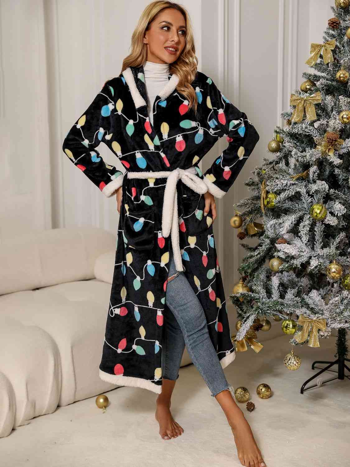 Holiday Christmas Lights Long Full Length Tie Waist Hooded Robe