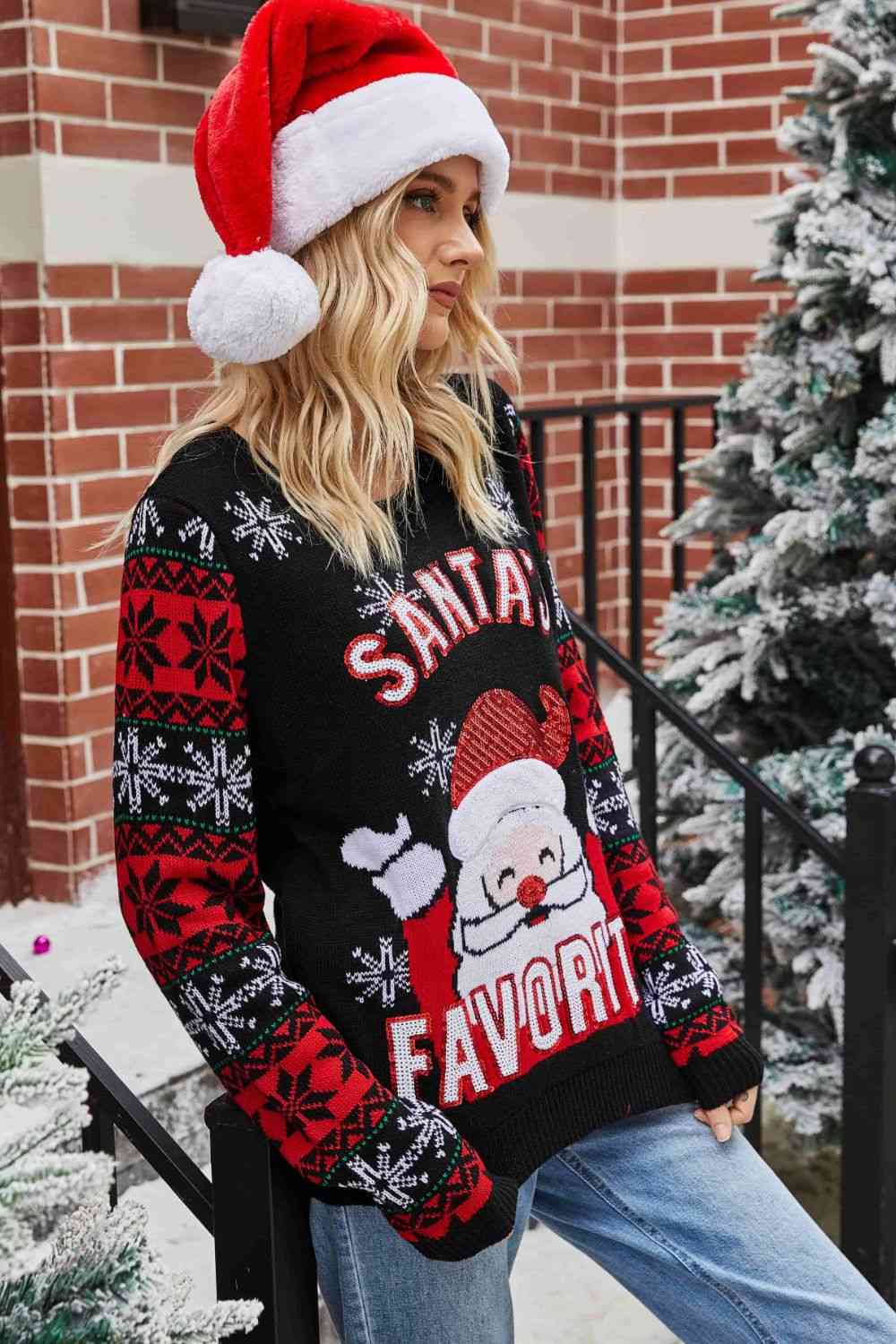 Sequin Santa's Favorite Knit Fun Round Neck Glam Holiday Sweater Top
