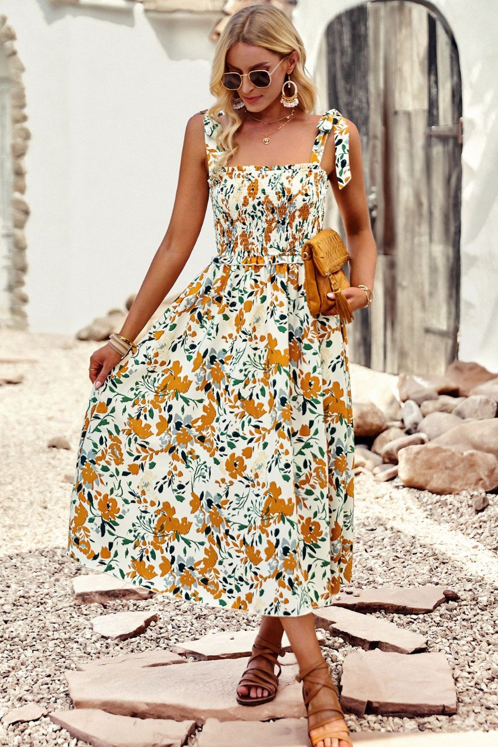 Colorful Bright Print Smocked Bodice Tie Shoulder Summer Midi Dress (5 colors Available)