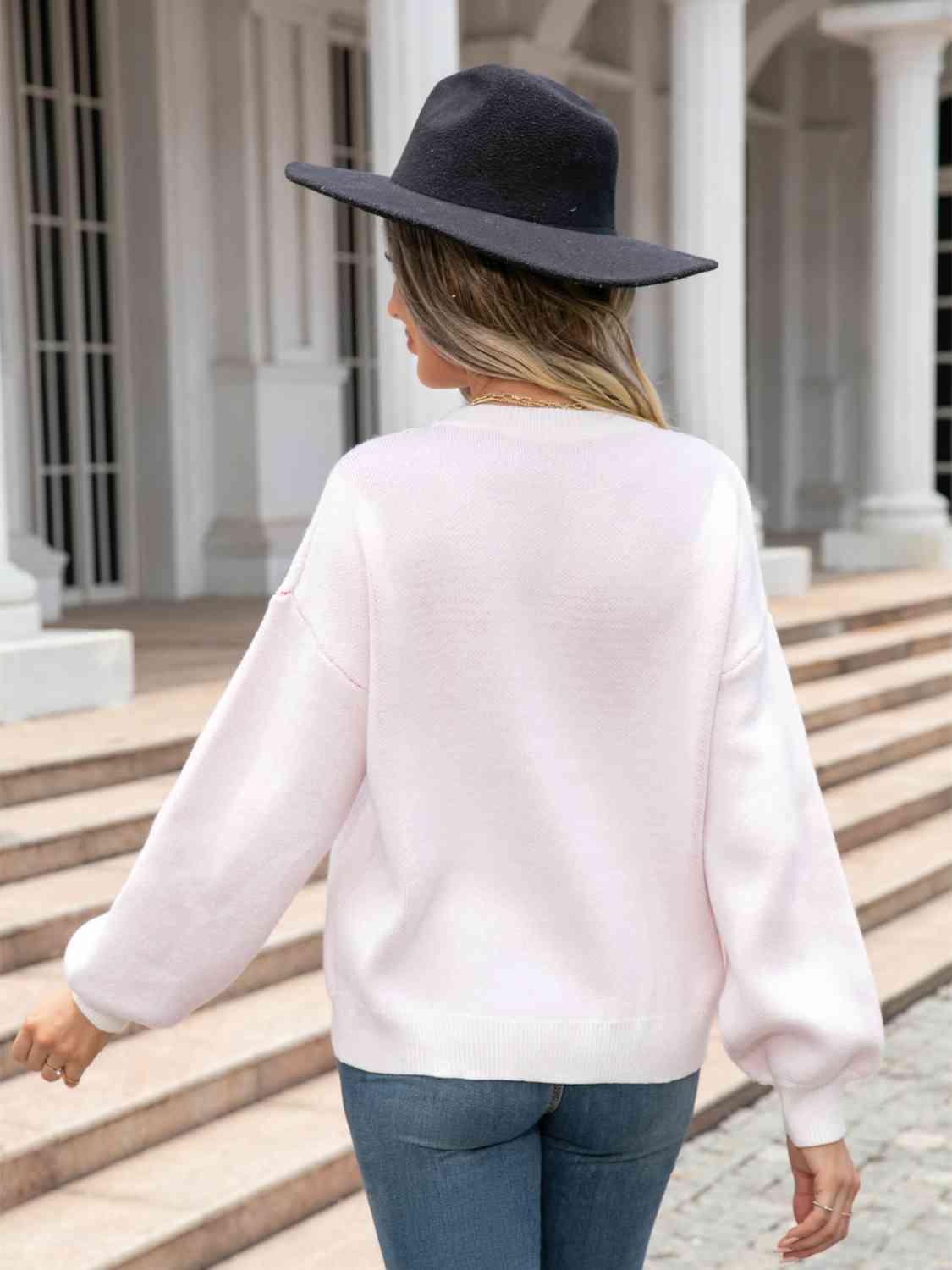 Knit Heart Contrasting Classic Round Neck Pullover Top Long Sleeve Sweater Shirt