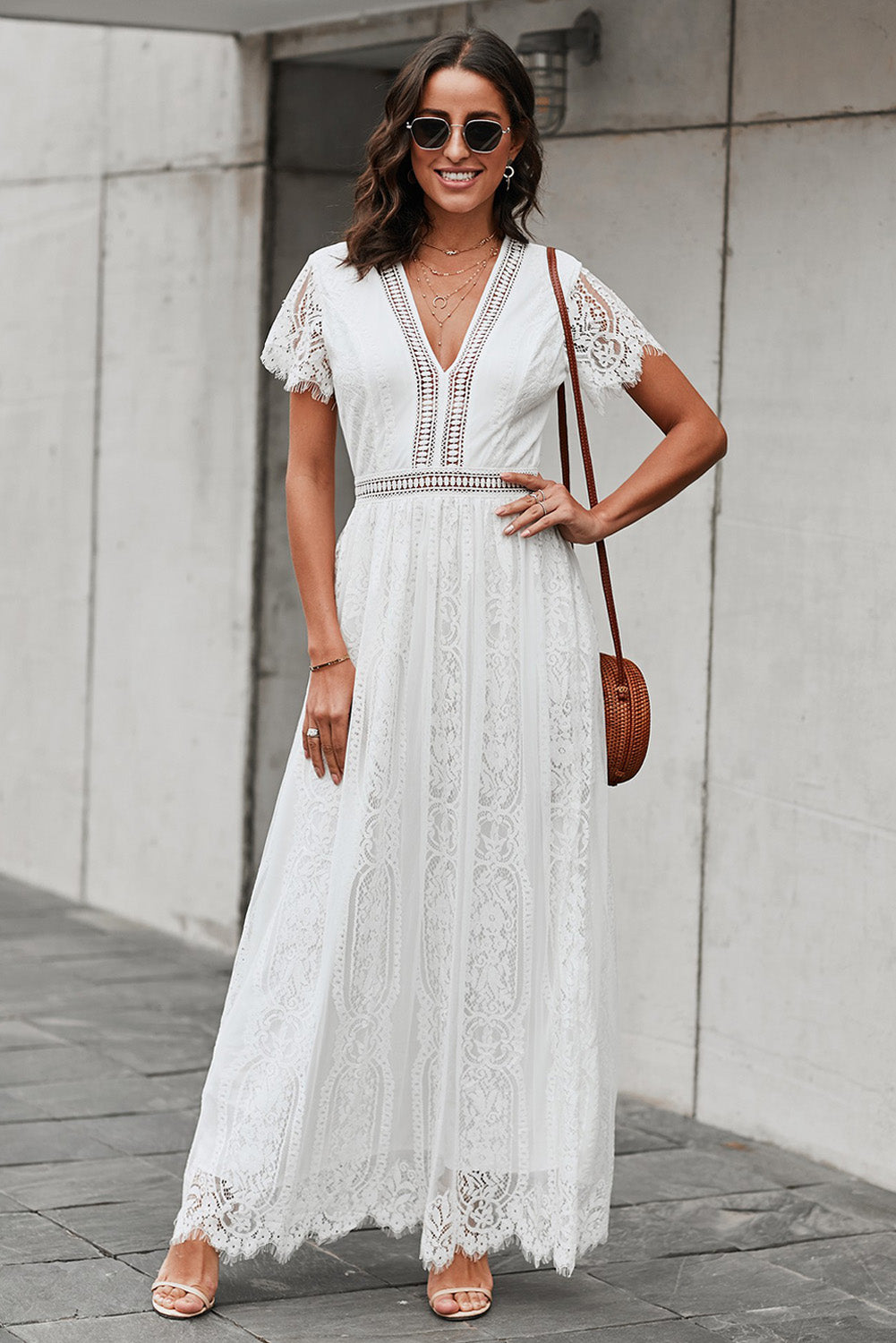 Elegant LACE V-Neck Short-sleeve Maxi Dress