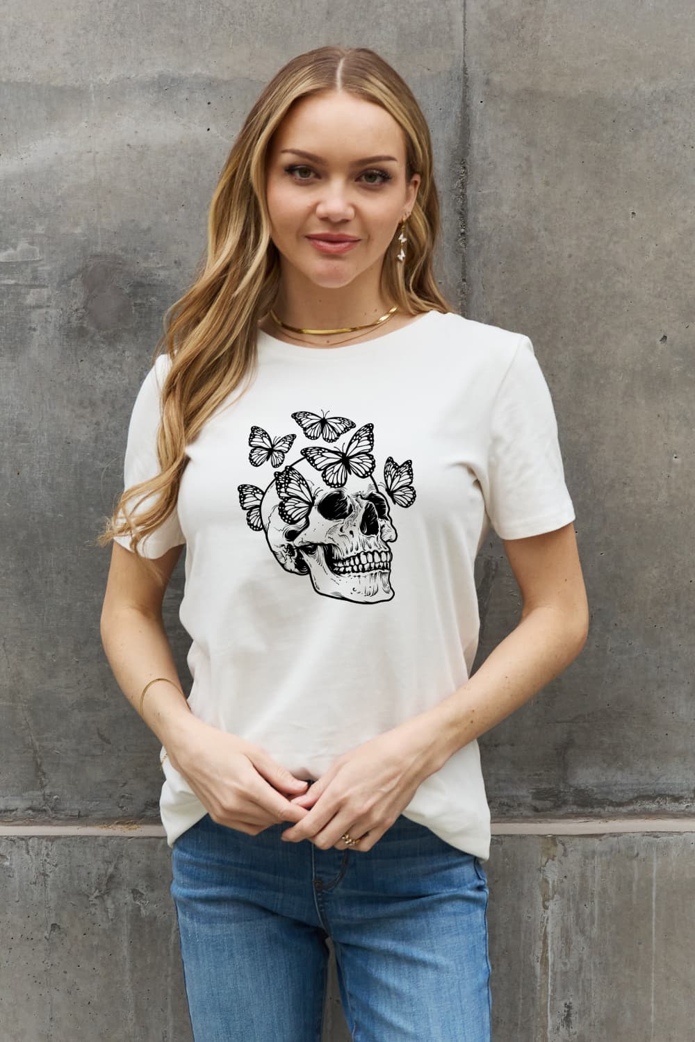 Skull Butterfly Contrasting Graphic 100% Cotton Short-sleeve Tee Shirt