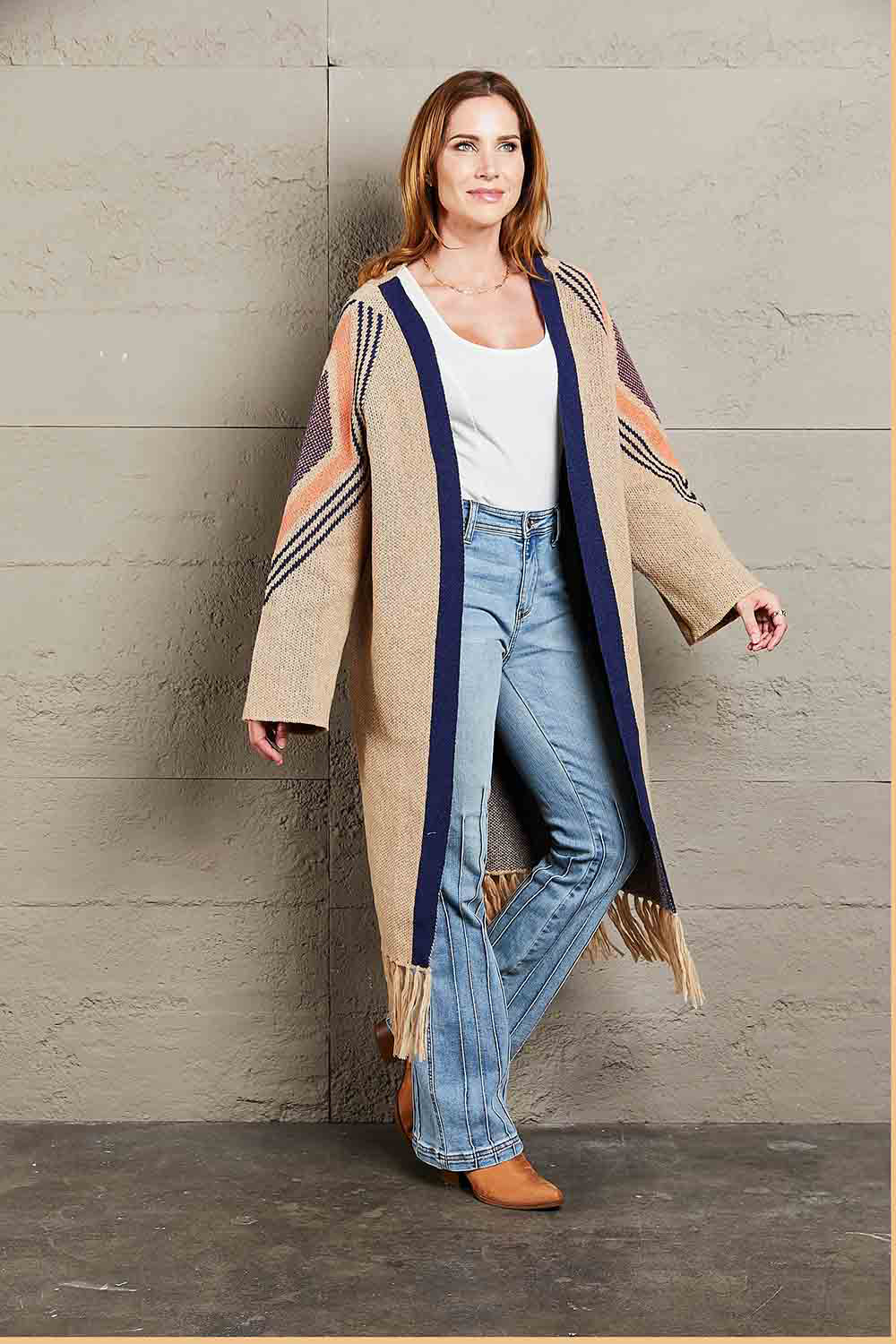 Fringe Retro Geometric Knit Cardigan Sleeve Colorful Open Front Sweater Duster