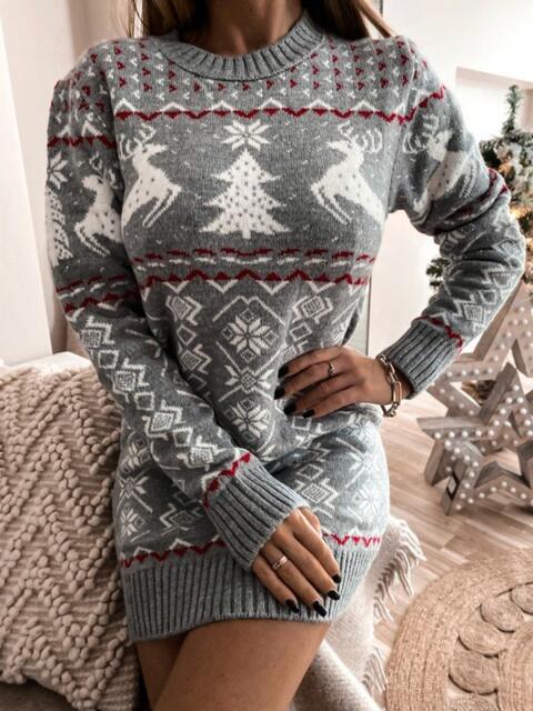 Fair Isle Winter Reindeer Snowflake Classic Knit Long Sleeve Mini Sweater Dress