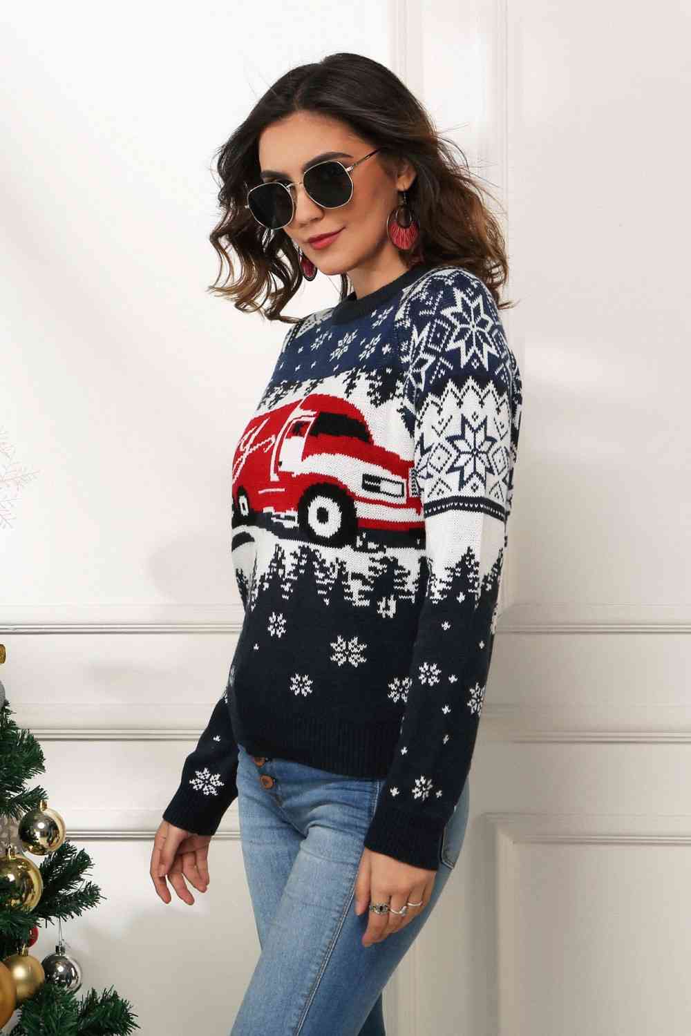 HAPPY Semi Truck Knit Fair Isle Geometric Snowflake Classic Pullover Winter Sweater