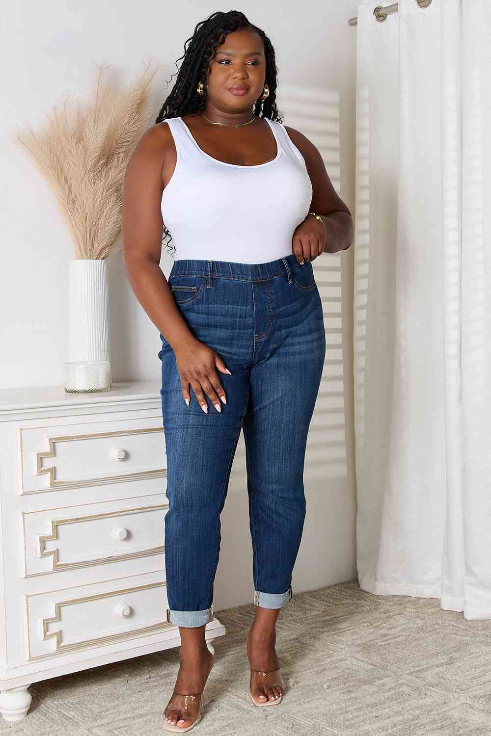 Skinny Ankle Cuffed Pants Cropped Dark Whisker Wash Stretch Denim Judy Blue Jeans