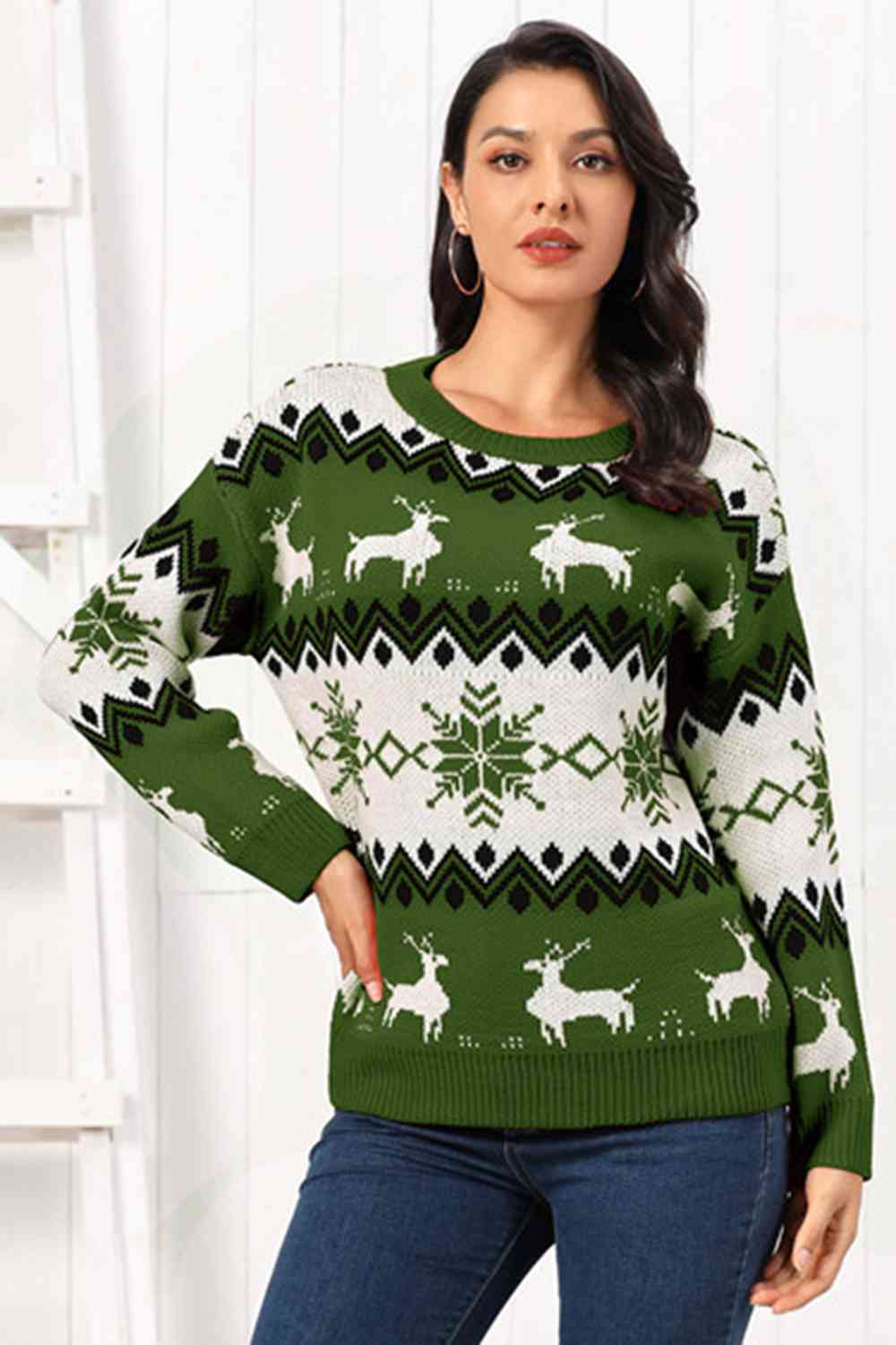 Snowflake Reindeer Fair Isle Knit Round Neck Classy Holiday Sweater Minimalist
