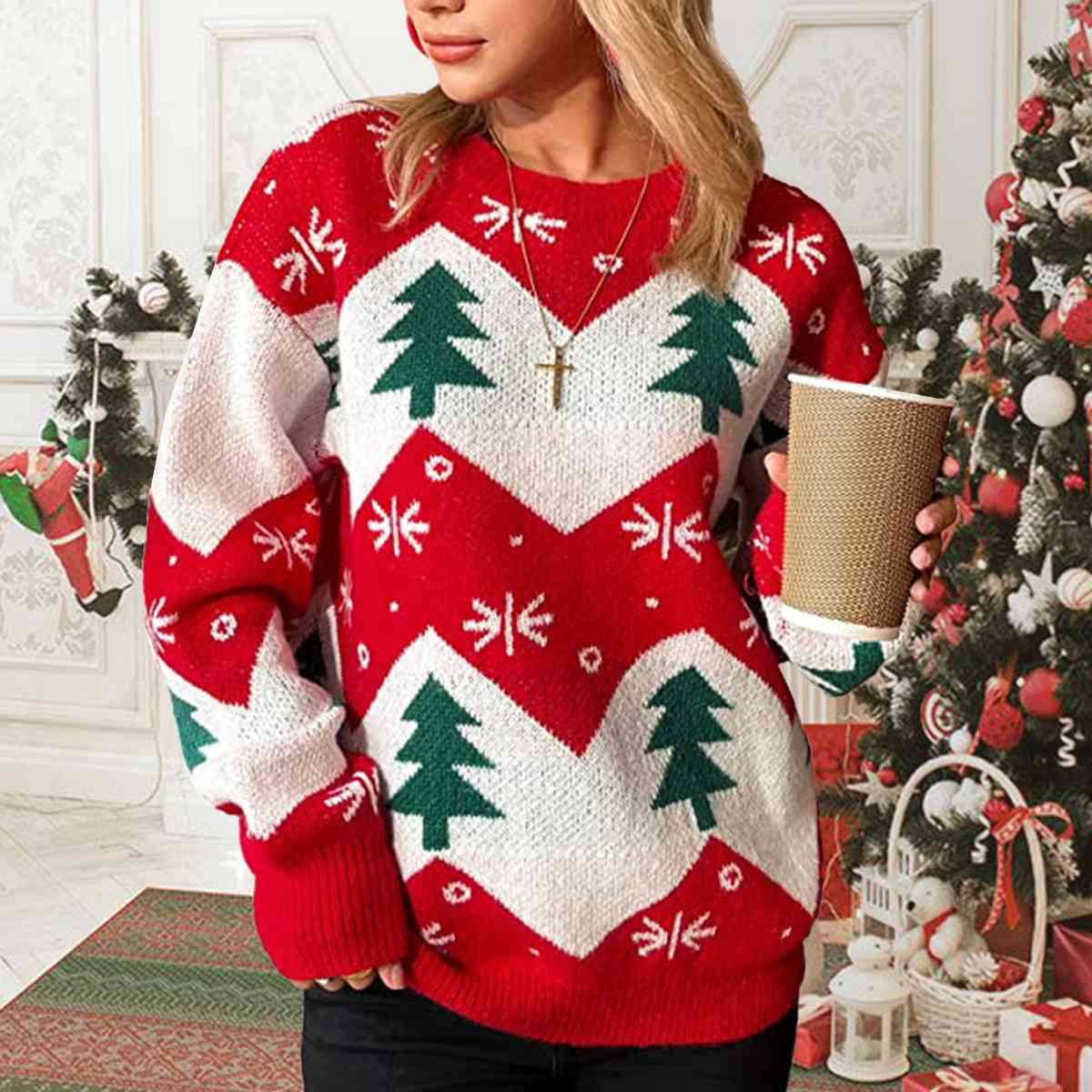 Bold Chevron Contrasting Knit Winter Tree Snowflake Long Sleeve Oversized Sweater