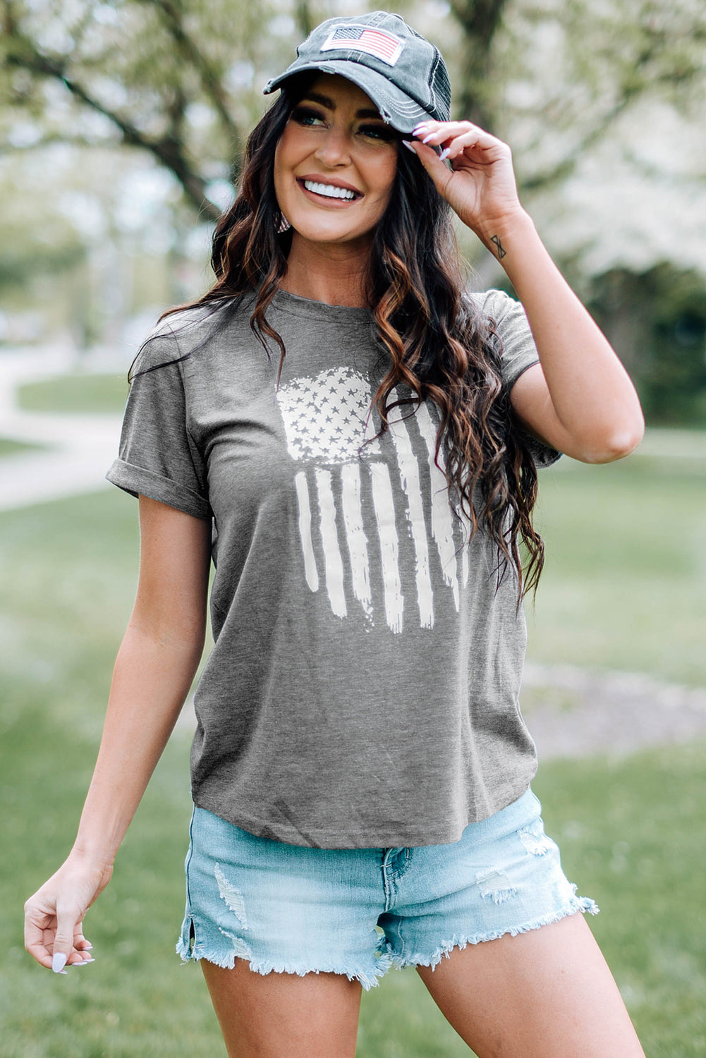 USA American Flag Patriotic Top Classic Cuffed Short Sleeve Tee Shirt America