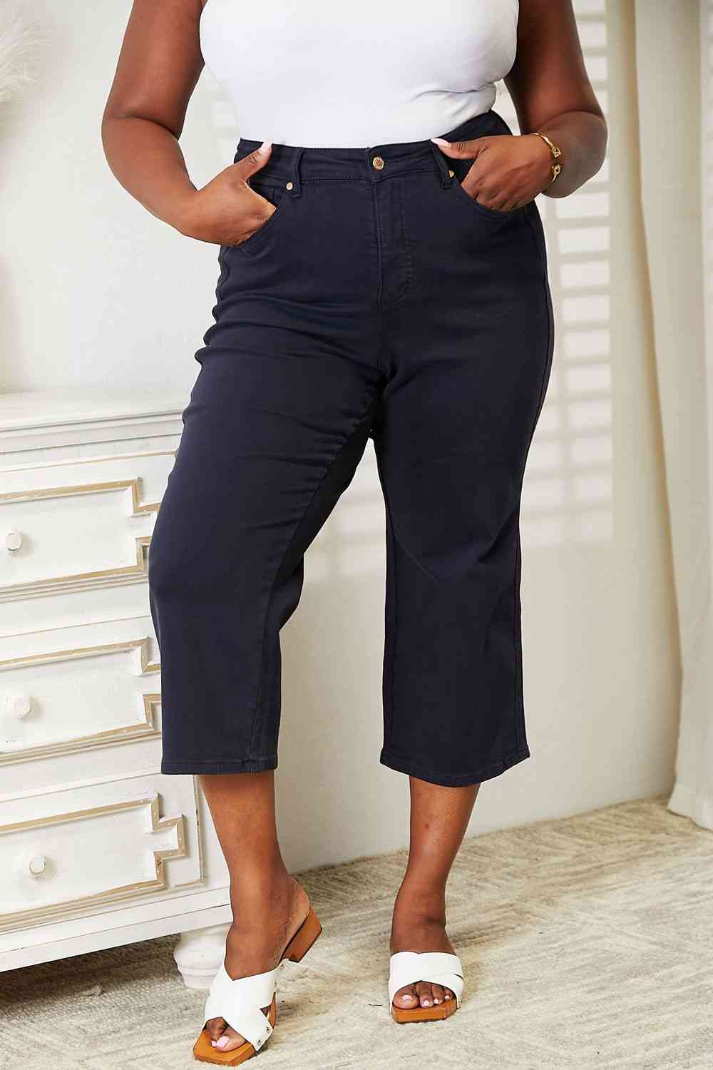 Tummy Control High Waist Navy Demim Jean Judy Blue Cropped Pants