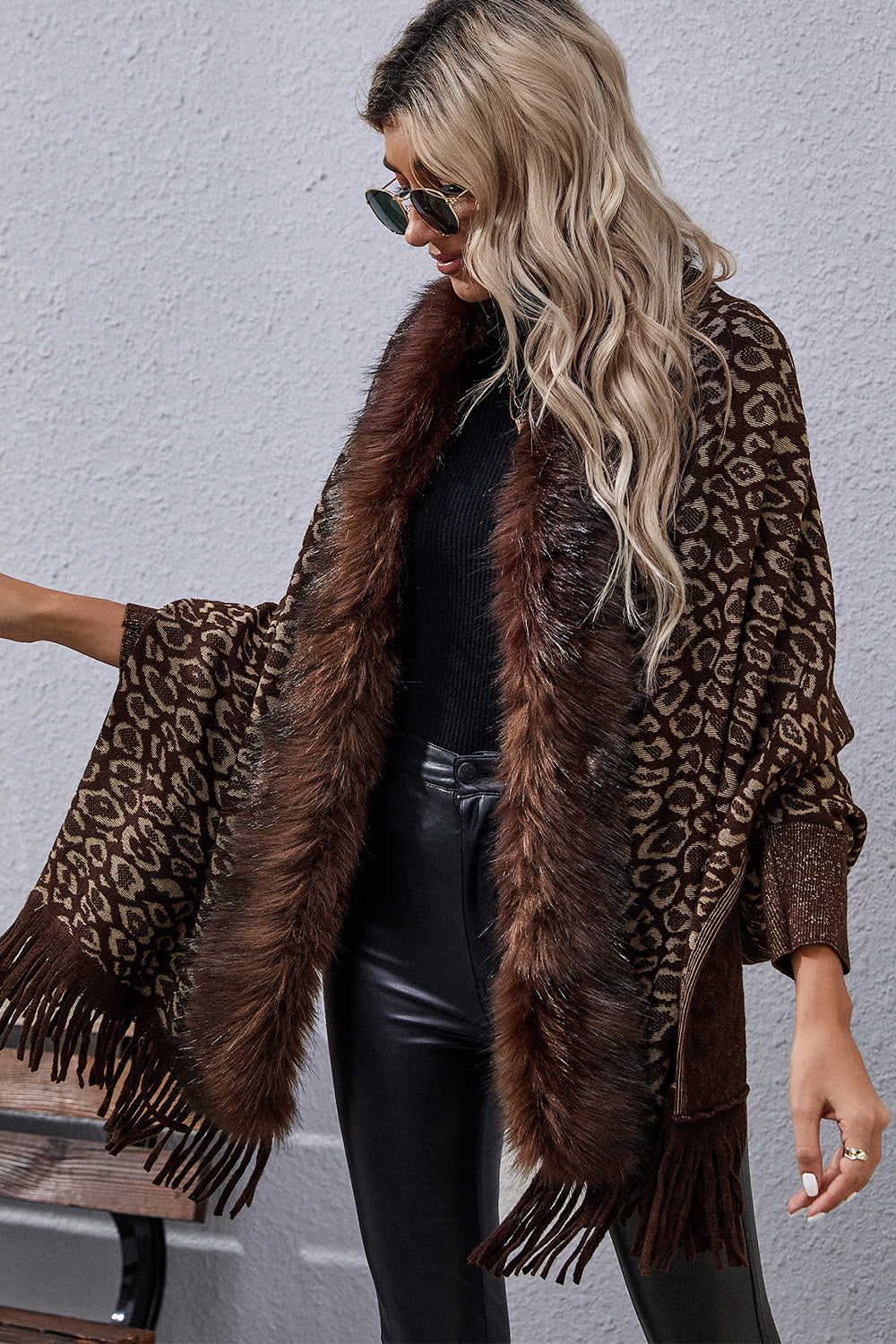 Faux Fur Knit Leopard Print Fringe Bottom Long Sleeve Cardigan Poncho